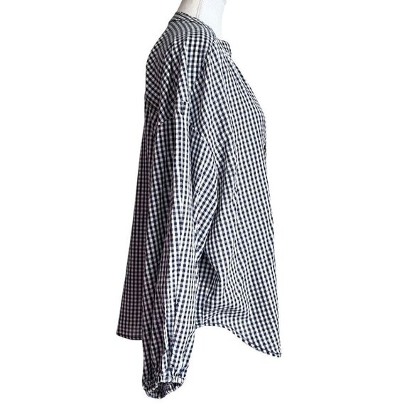 PILCRO WHITE BLUE CHECKERED GINGHAM OVERSIZED COLLARLESS BUTTON DOWN SHIRT - L - Picture 2 of 11